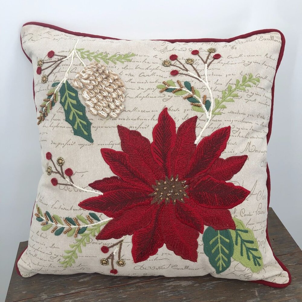 Pier 1 Poinsettia Throw Pillow Embroidered Beaded Appliqué Christmas Holidays